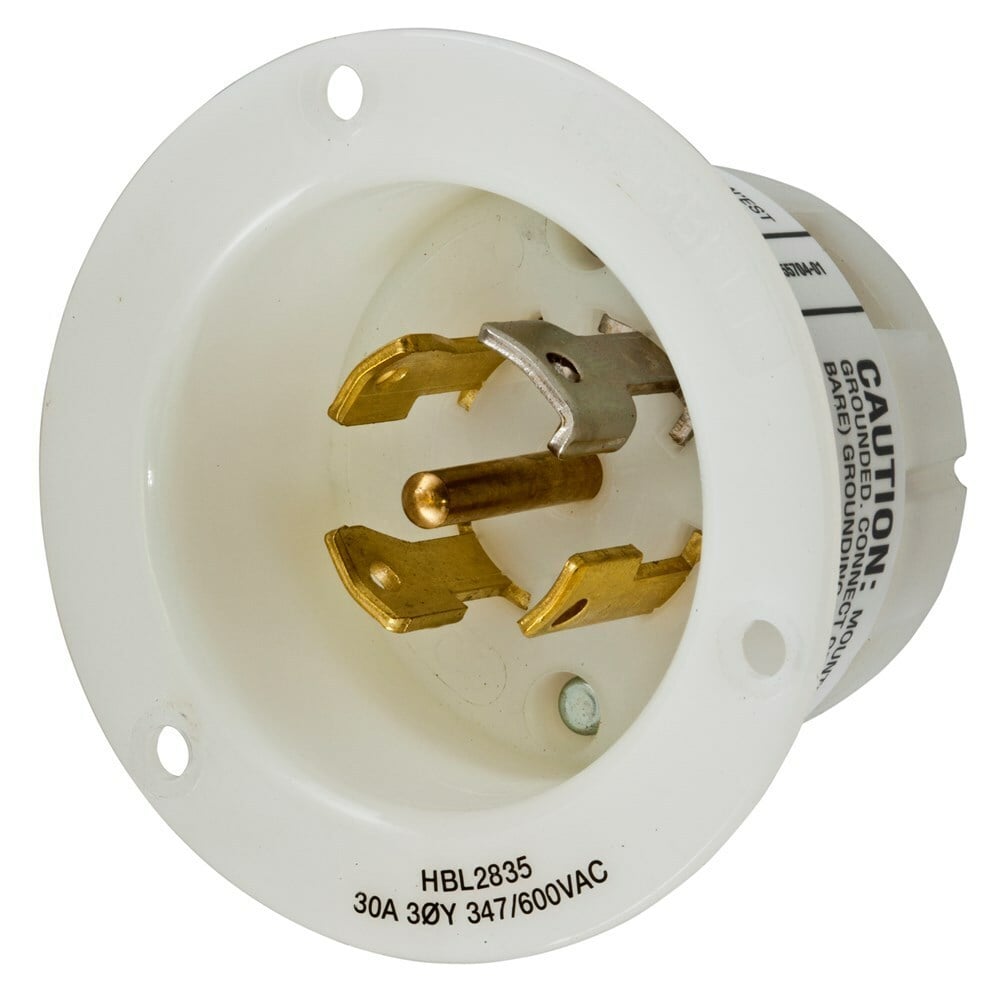 HBL2835 3-Phase Extra Heavy Duty Grounding Screw Mount Locking Flanged Inlet, 347/600Y V AC, 30 A, 4 Poles, 5 Wires, White
