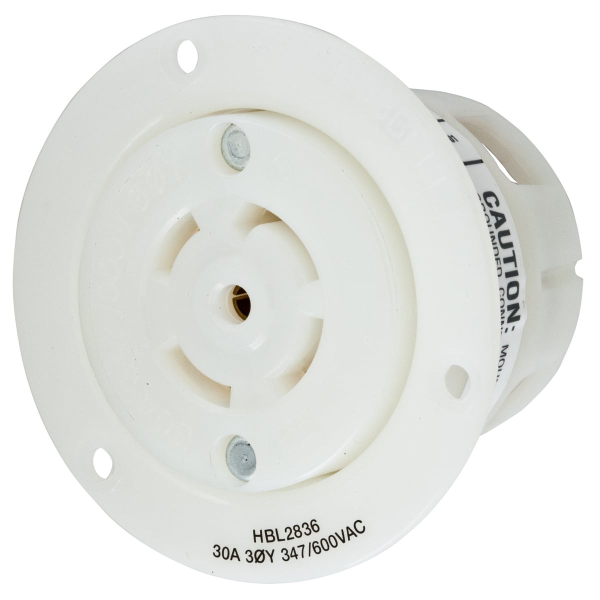 HBL2836 3-Phase Flanged Standard Single Screw Mount Locking Receptacle, 30 A, 4 Poles, 5 Wires, White