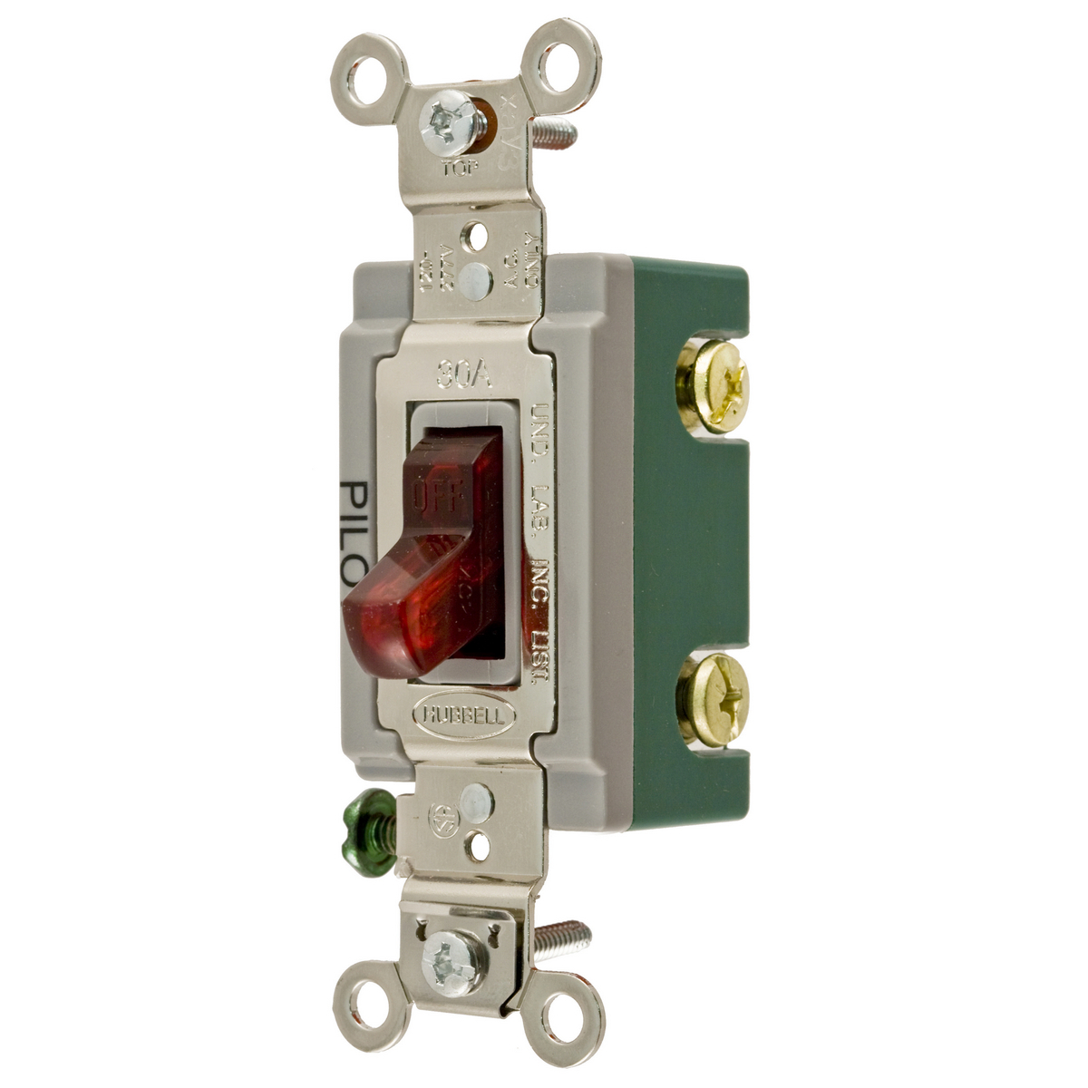 HBL3031PL HBL Extra Heavy Duty General Purpose Pilot Light Standard Toggle Switch, 120 to 277 V AC, 30 A, 8310 W Power Rating, 2-Position Contact