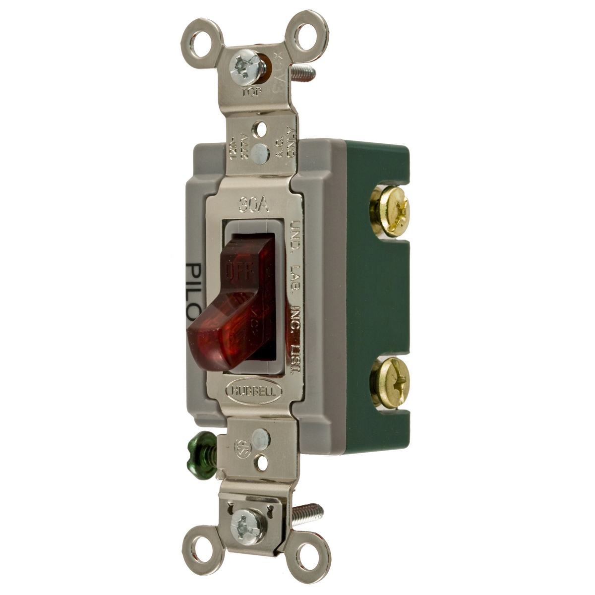 HBL3032PL Extra Heavy Duty General Purpose Pilot Light Standard Toggle Switch, 120 to 277 V AC, 30 A, 8310 W Power Rating, 2-Position Contact