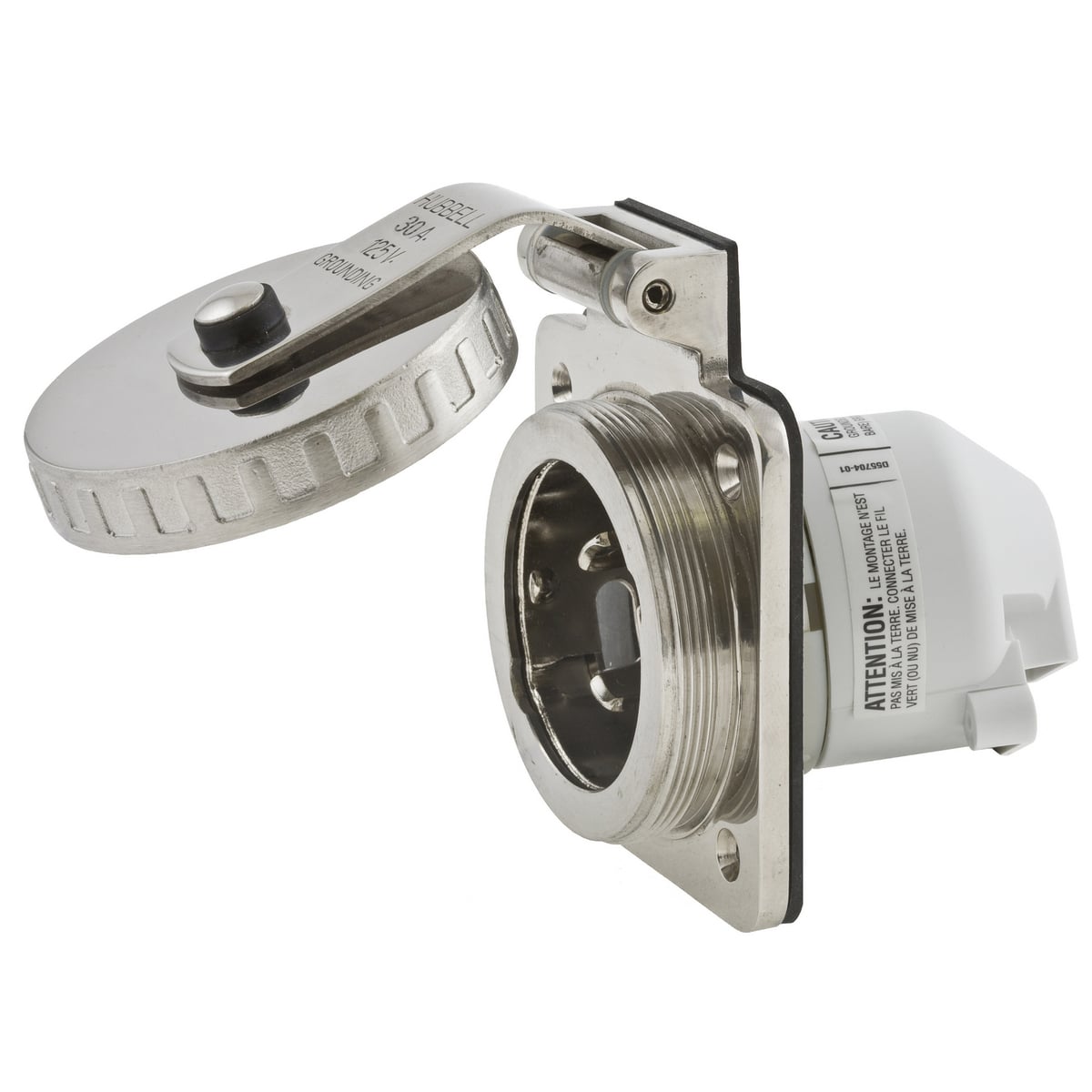 HBL303SS HBL Grounding Screw Mount Watertight Hull Inlet, 125 V AC, 30 A, 2 Poles, 3 Wires, Stainless Steel
