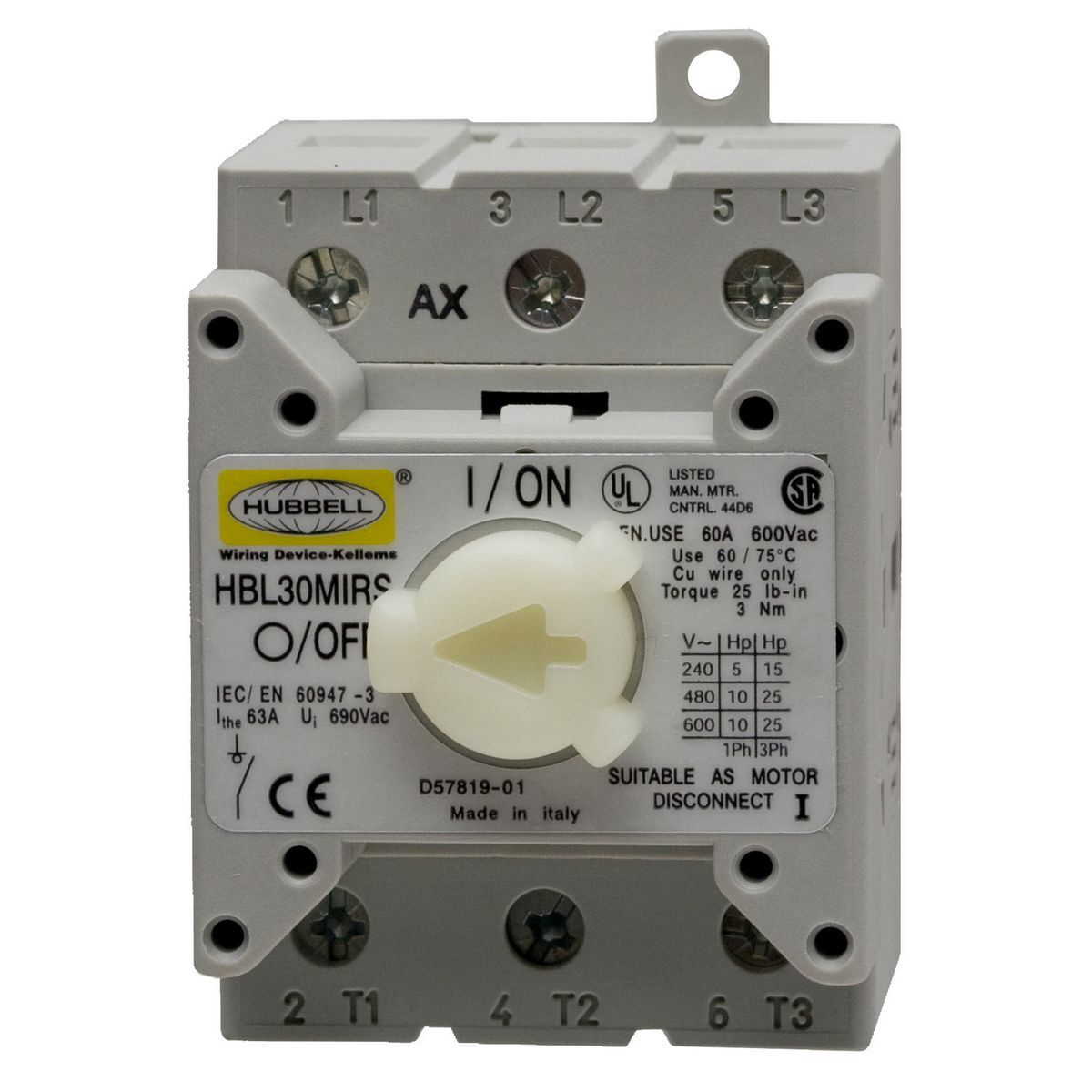 HBL30MIRS 2-Position Extra Heavy Duty Lever Actuated Industrial Standard Sized Replacement Switch, For Use With 30/32 A Mechanical Interlock, 3-Pole, 600 V AC, 60 Hz, -40 to 67 deg C Without Impact, 6000 Cycles, Screw Terminal