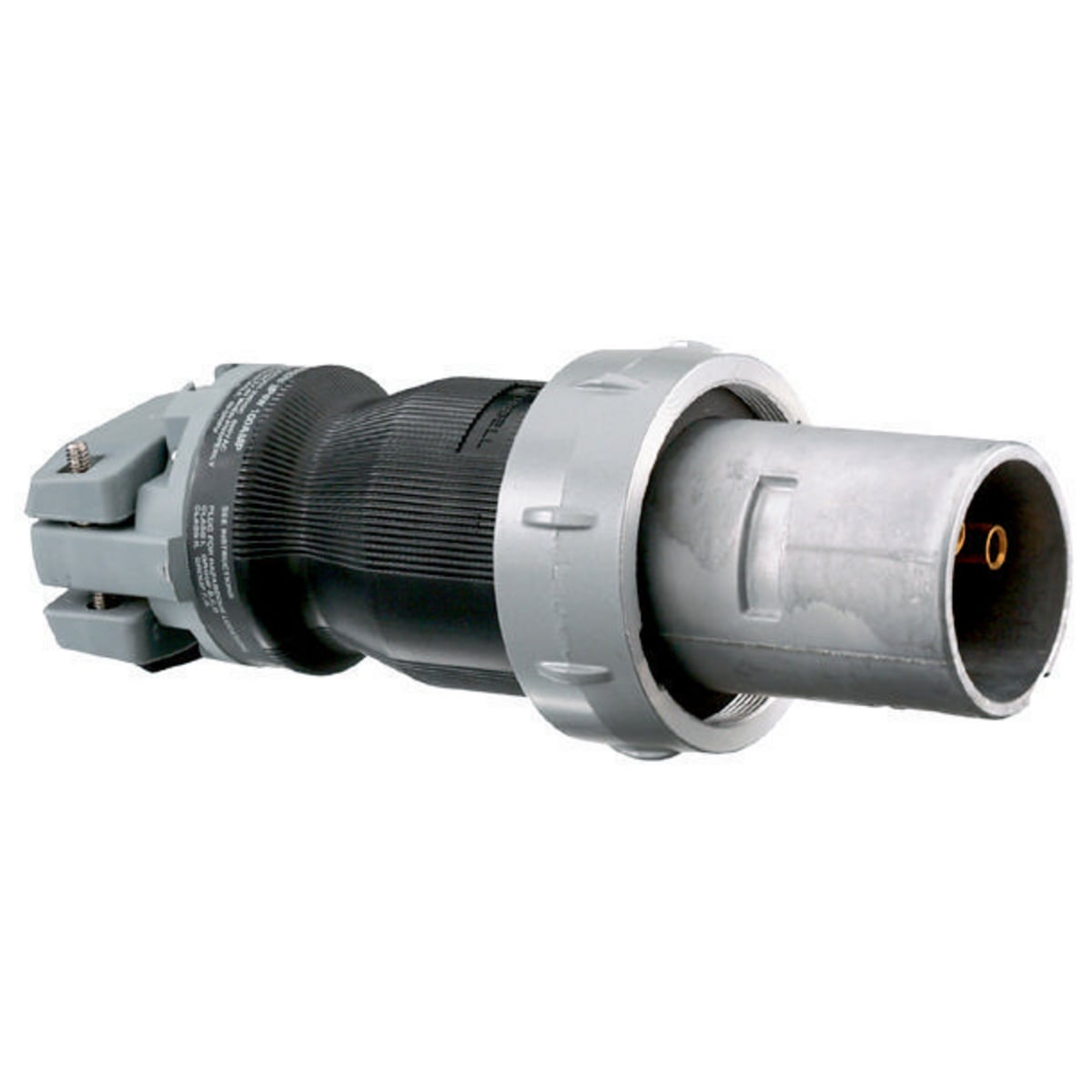 HBL3100PS1W Male Watertight Standard Cord Mount Pin and Sleeve Plug, 600 V AC/250 V DC, 100 A, 2 Poles, 3 Wires, Black/Gray