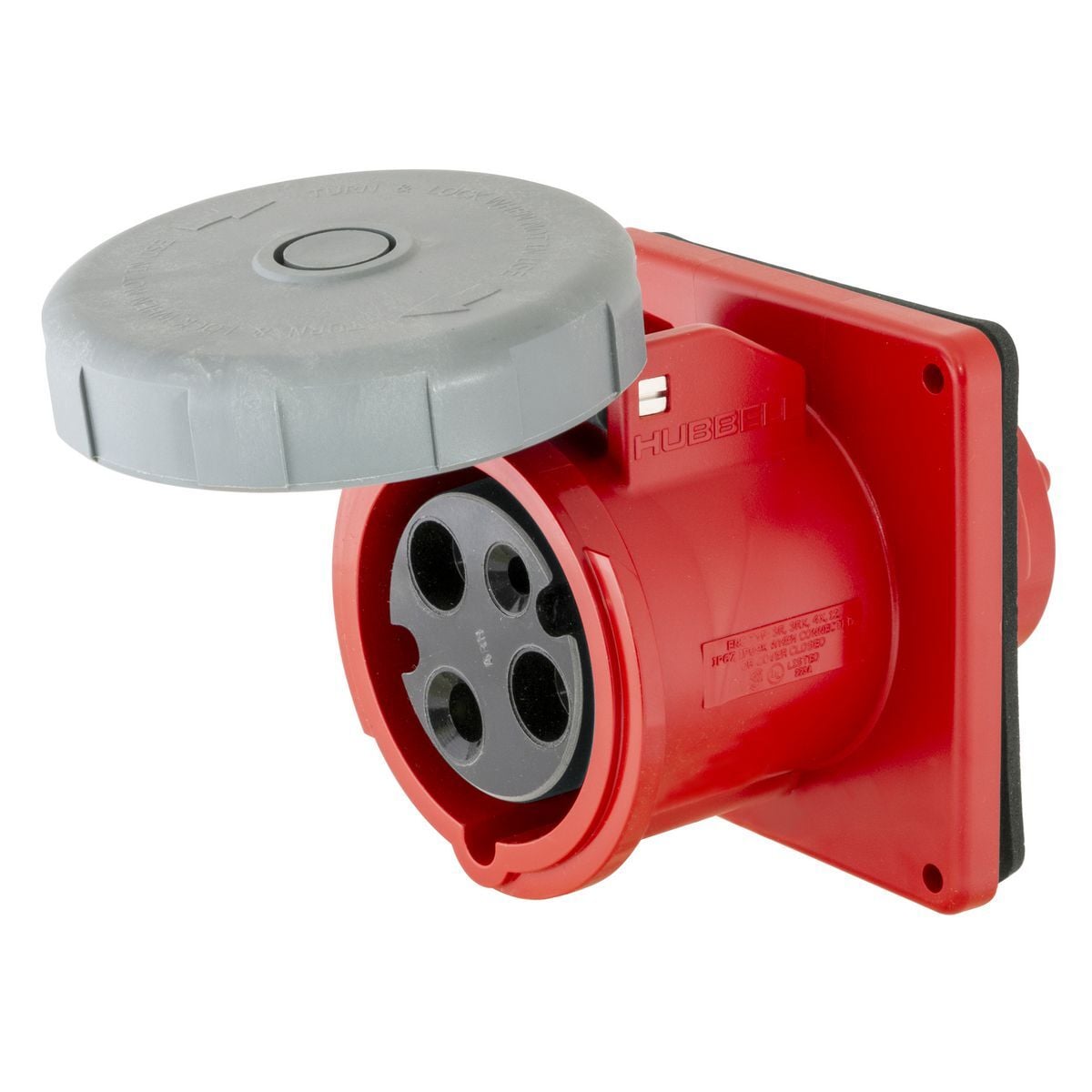 HBL3100R7W 1-Phase Female Single Flanged Watertight Screw Mount Pin and Sleeve Receptacle, 480 V AC, 100 A, 2 Poles, 3 Wires, Red