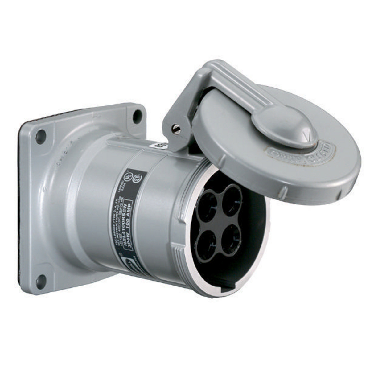 HBL3100RS1W 1-Phase Female Insulated Reversed Single Flanged Watertight Screw Mount Pin and Sleeve Receptacle, 600 V AC, 100 A, 2 Poles, 3 Wires, Black/Gray