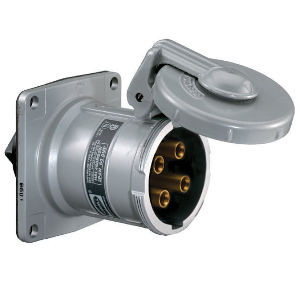 HBL3200RS2WR 1-Phase Female Insulated Reversed Single Flanged Watertight Screw Mount Pin and Sleeve Receptacle, 600 V AC, 200 A, 2 Poles, 3 Wires, Black/Gray