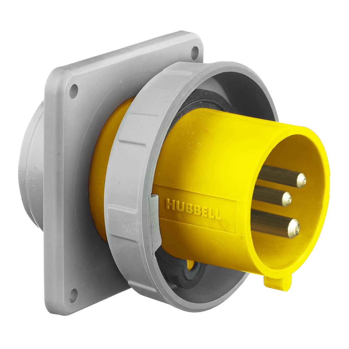 HBL320B4W 1-Phase Grounding Male Standard Watertight Screw Mount Flanged Inlet, 125 V AC, 20 A, 2 Poles, 3 Wires, Yellow