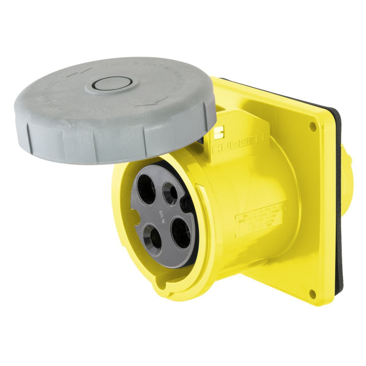 HBL320R4W 1-Phase Female Single Flanged Watertight Screw Mount Pin and Sleeve Receptacle, 125 V AC, 20 A, 2 Poles, 3 Wires, Yellow