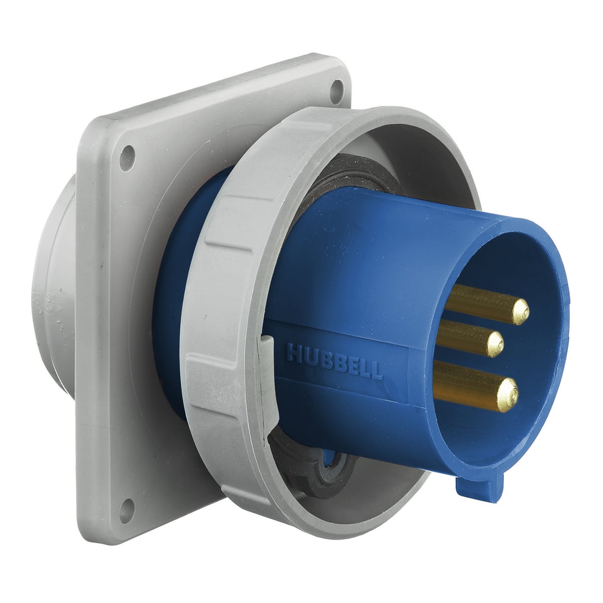 HBL330B6W 1-Phase Male Single Flanged Standard Watertight Screw Mount Pin and Sleeve Inlet, 250 V AC, 30 A, 2 Poles, 3 Wires, Blue