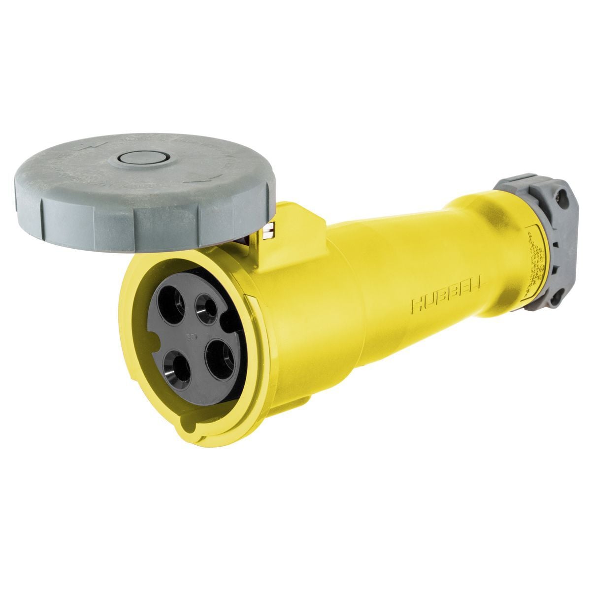 HBL330C4W Female Heavy Duty Insulated Standard Watertight Cord Mount Pin and Sleeve Connector, 125 V AC, 30 A, 2 Poles, 3 Wires, Yellow