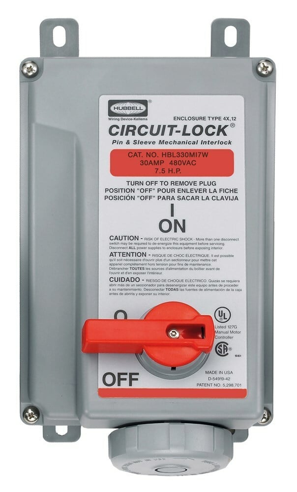 HBL330MI7W 1-Phase Female Single Standard Watertight Unfused Pressure Screw Terminal Pin and Sleeve Mechanical Interlock, 480 V AC, 30 A, 2 Poles, 3 Wires