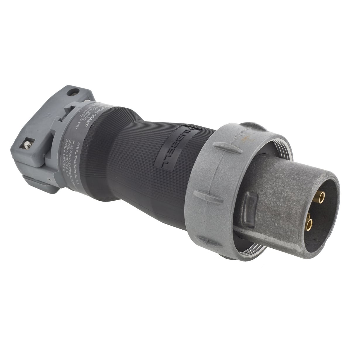 HBL330PS1W Male Watertight Standard Cord Mount Pin and Sleeve Plug, 600 V AC/250 V DC, 30 A, 2 Poles, 3 Wires, Black/Gray
