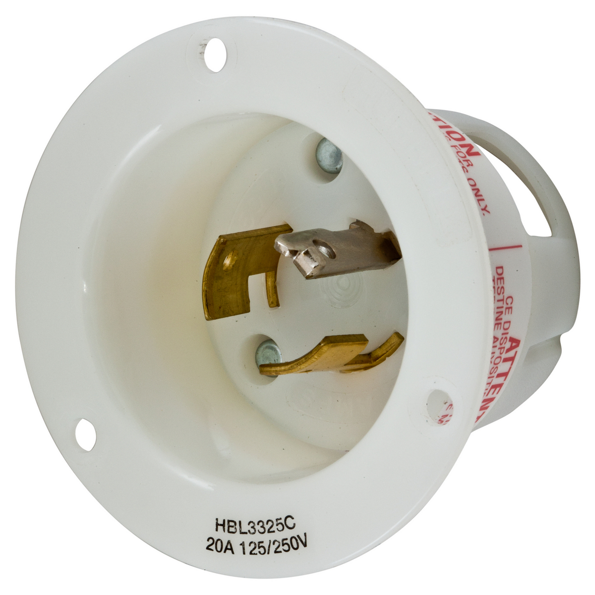 HBL3325C 1-Phase Standard Screw Mount Flanged Inlet, 125/250 V AC, 20 A, 3 Poles, 3 Wires, White