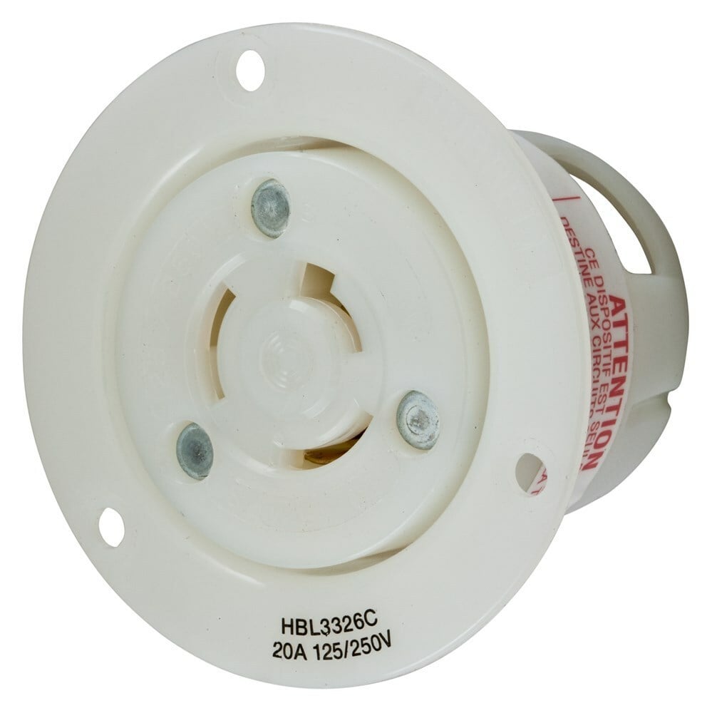 HBL3326C 1-Phase Flanged Non-Grounding Standard Single Screw Mount Locking Receptacle, 125/250 V AC, 20 A, 3 Poles, 3 Wires, White