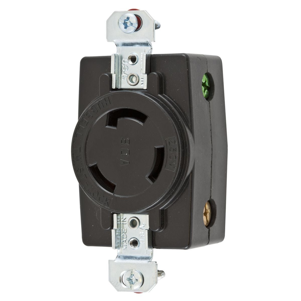 HBL3330 1-Phase Heavy Duty Flush Non-Grounding Standard Single Screw Mount Locking Receptacle, 125/250 V AC, 30 A, 3 Poles, 3 Wires, Black