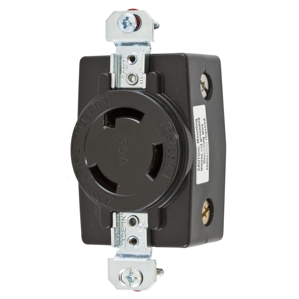 HBL3330G 1-Phase Flush Mount Heavy Duty Grounding Standard Single Screw Mount Locking Receptacle, 250 V AC, 30 A, 2 Poles, 3 Wires, Black