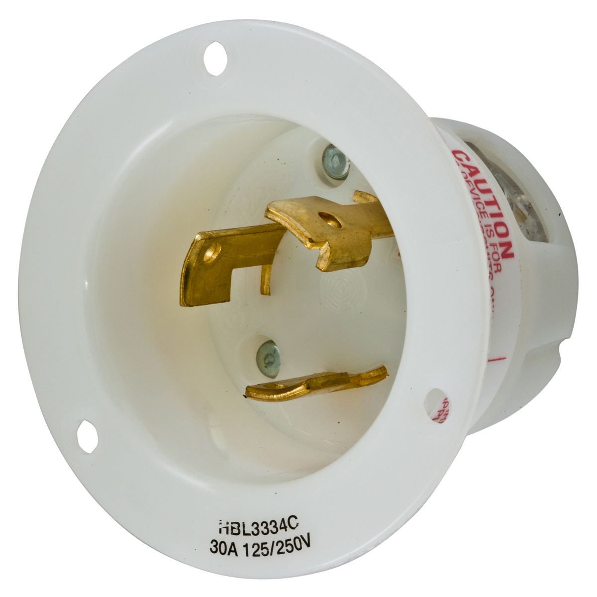 HBL3334C Standard Flanged Inlet, 125/250 V AC, 30 A, 3 Poles, 3 Wires, White
