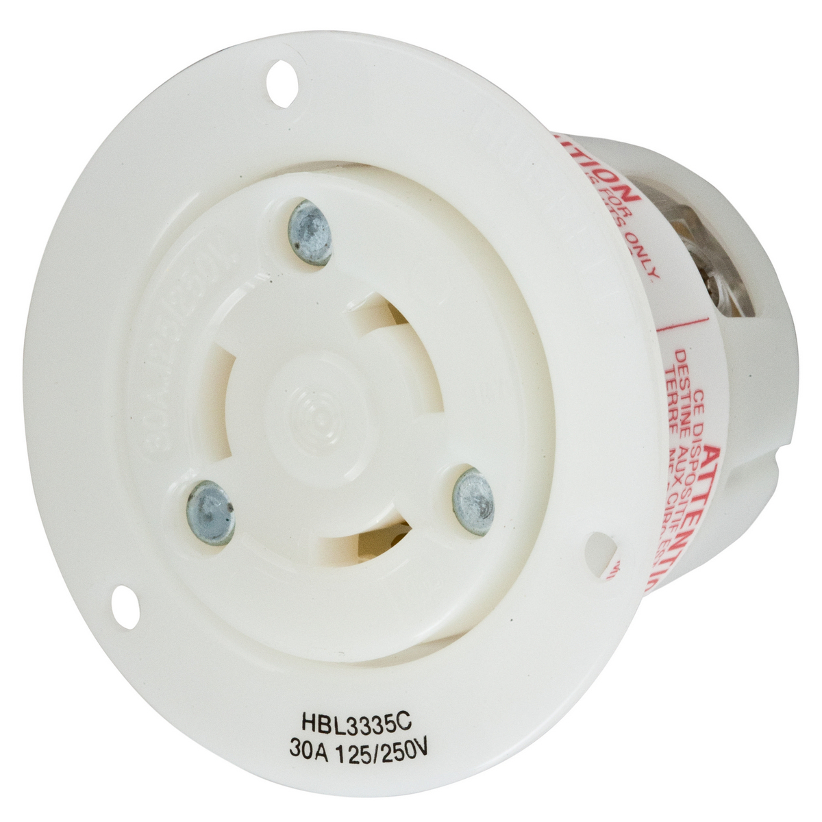 HBL3335C 1-Phase Flanged Non-Grounding Standard Single Screw Mount Locking Receptacle, 125/250 V AC, 30 A, 3 Poles, 3 Wires, White