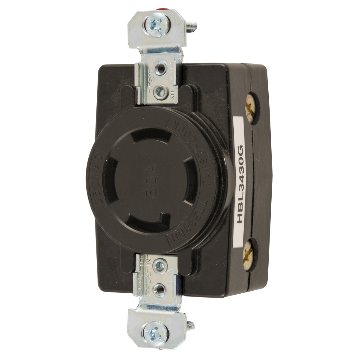 HBL3430G 3-Phase Flush Mount Heavy Duty Grounding Standard Single Screw Mount Locking Receptacle, 250 V AC, 30 A, 3 Poles, 4 Wires, Black