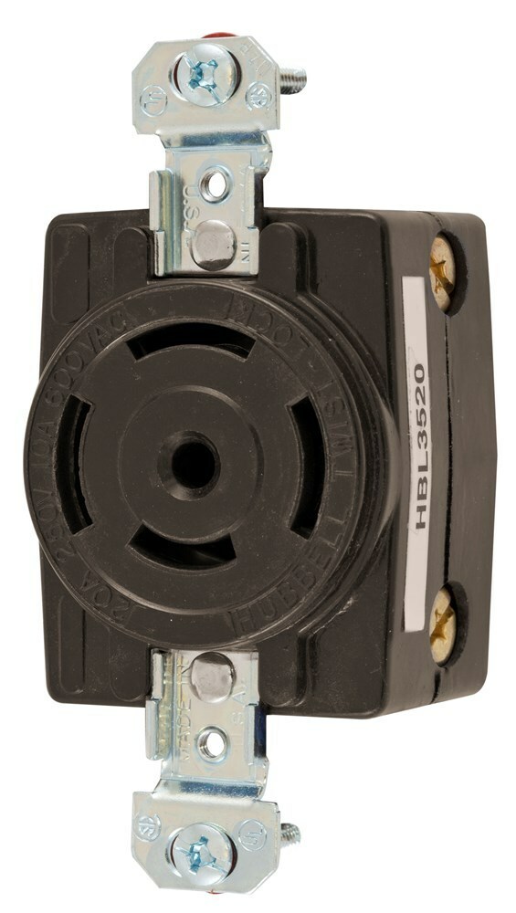HBL3520 Flush Grounding Multi-Phase Single Standard Screw Mount Locking Receptacle, 250/600 V AC, 10/20 A, 4 Poles, 5 Wires, Black