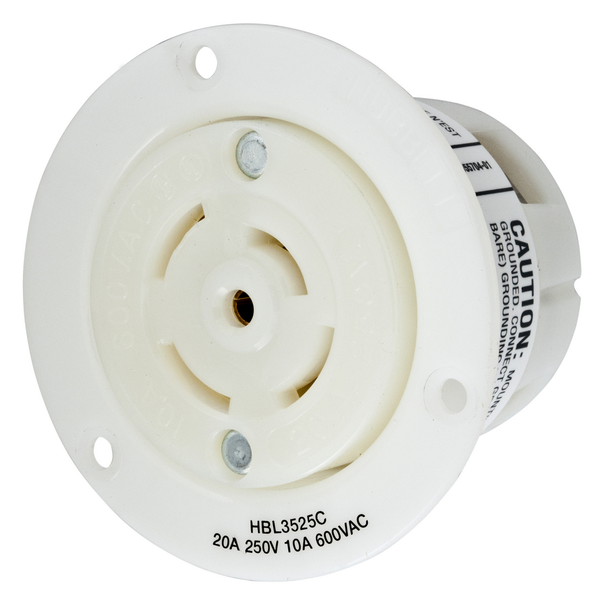 HBL3525C Multi-Phase Flanged Grounding Single Standard Screw Mount Locking Receptacle, 600 V AC/250 V DC, 10/20 A, 4 Poles, 5 Wires, White