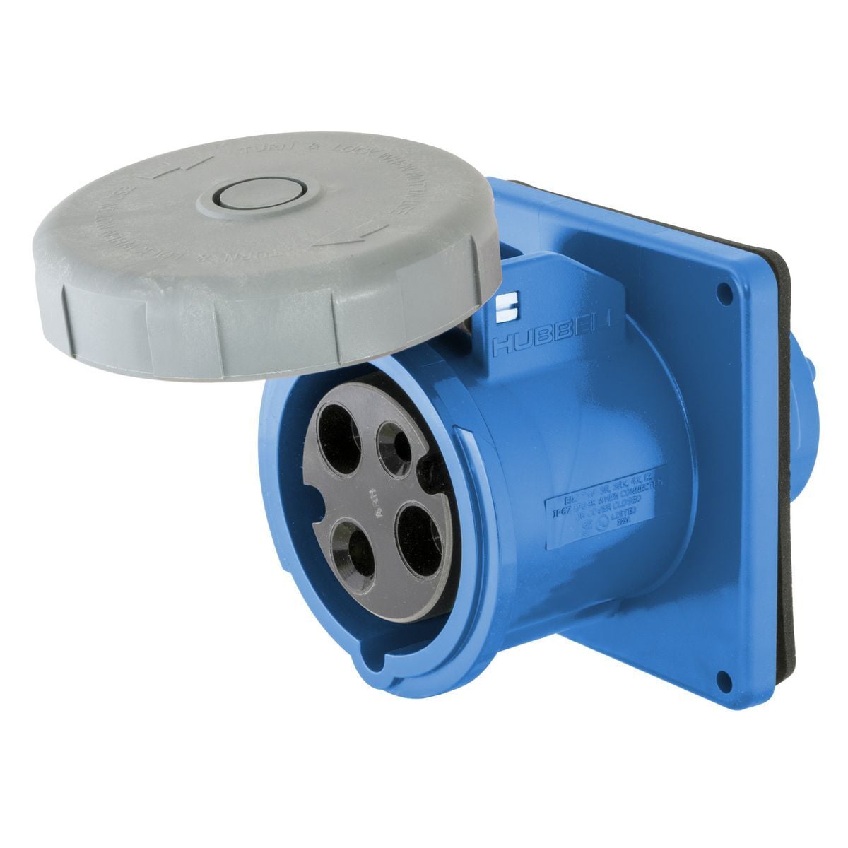 HBL360R6W 1-Phase Grounding Single Flanged Watertight Screw Mount Pin and Sleeve Receptacle, 250 V AC, 60 A, 2 Poles, 3 Wires, Blue