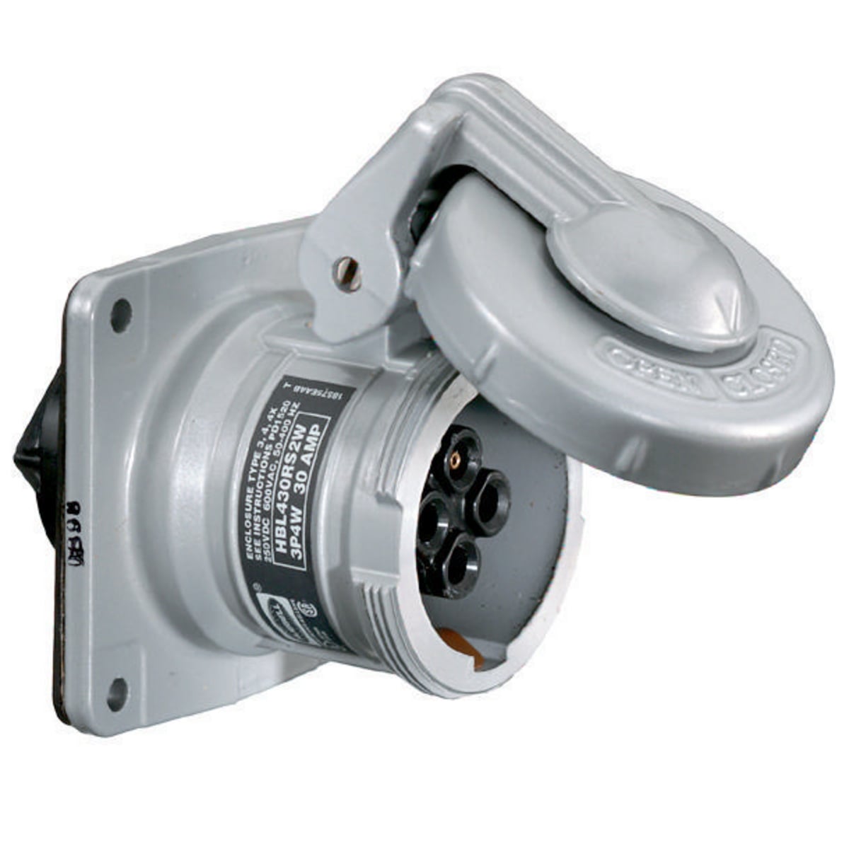 HBL360RS1W 1-Phase Female Insulated Single Flanged Watertight Screw Mount Pin and Sleeve Receptacle, 600 V AC, 60 A, 2 Poles, 3 Wires, Black/Gray