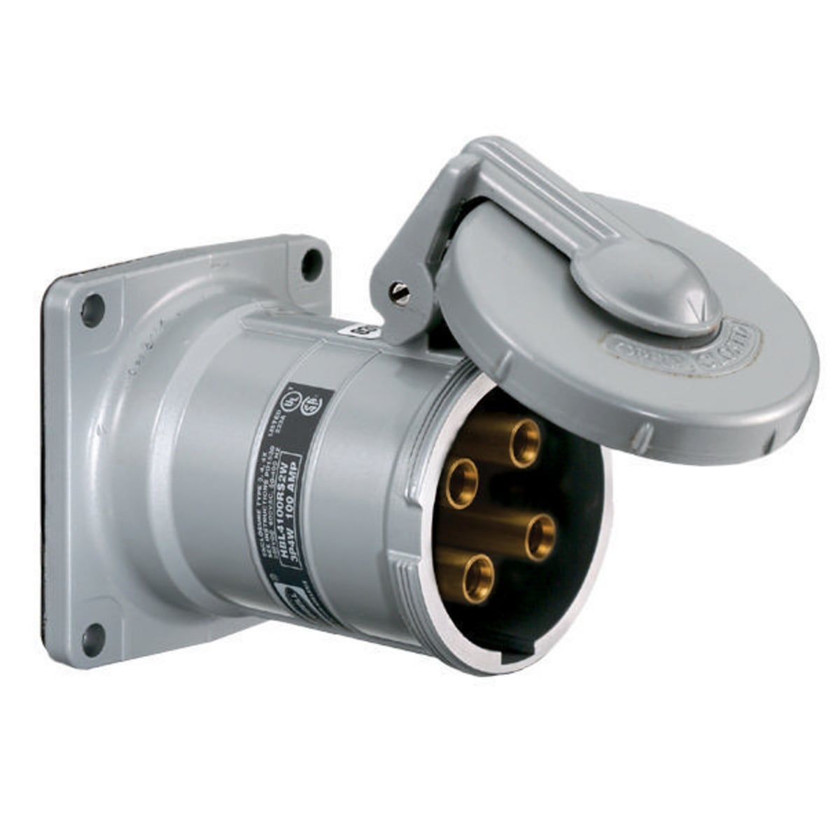 HBL360RS2WR 1-Phase Grounding Style 2 Single Flanged Standard Reversed Screw Mount Watertight Pin and Sleeve Receptacle, 600 V AC, 60 A, 2 Poles, 3 Wires, Black/Gray