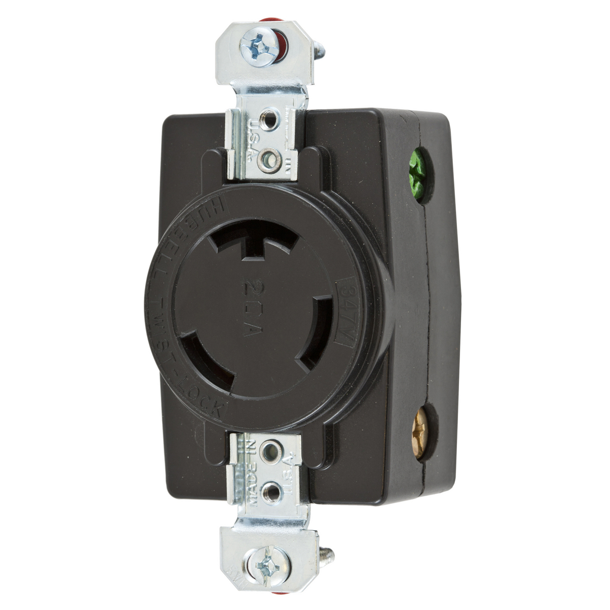 HBL3720 HBL 1-Phase Grounding Heavy Duty Single Screw Mount Locking Receptacle, 347 V AC, 20 A, 2 Poles, 3 Wires, Black