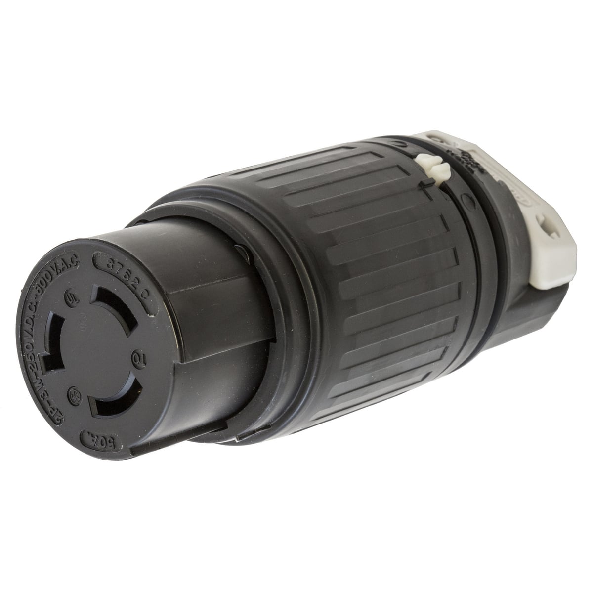 HBL3762C Heavy Duty Isolated Grounding Standard Sized Cord Mount Female Connector, 600 V AC/250 V DC, 50 A, 2 Poles, 4 Wires, Black/White