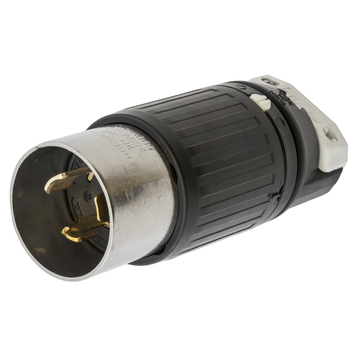 HBL3763C 1-Phase Extra Heavy Duty Grounding Standard Cord Mount Locking Plug, 600 V AC/250 V DC, 50 A, 2 Poles, 3 Wires, Black/White