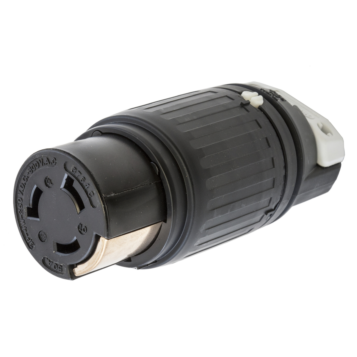 HBL3764C Grounding Heavy Duty Cord Mount Locking Connector, 600 V AC/250 V DC, 50 A, 3 Poles, 4 Wires, Black/White