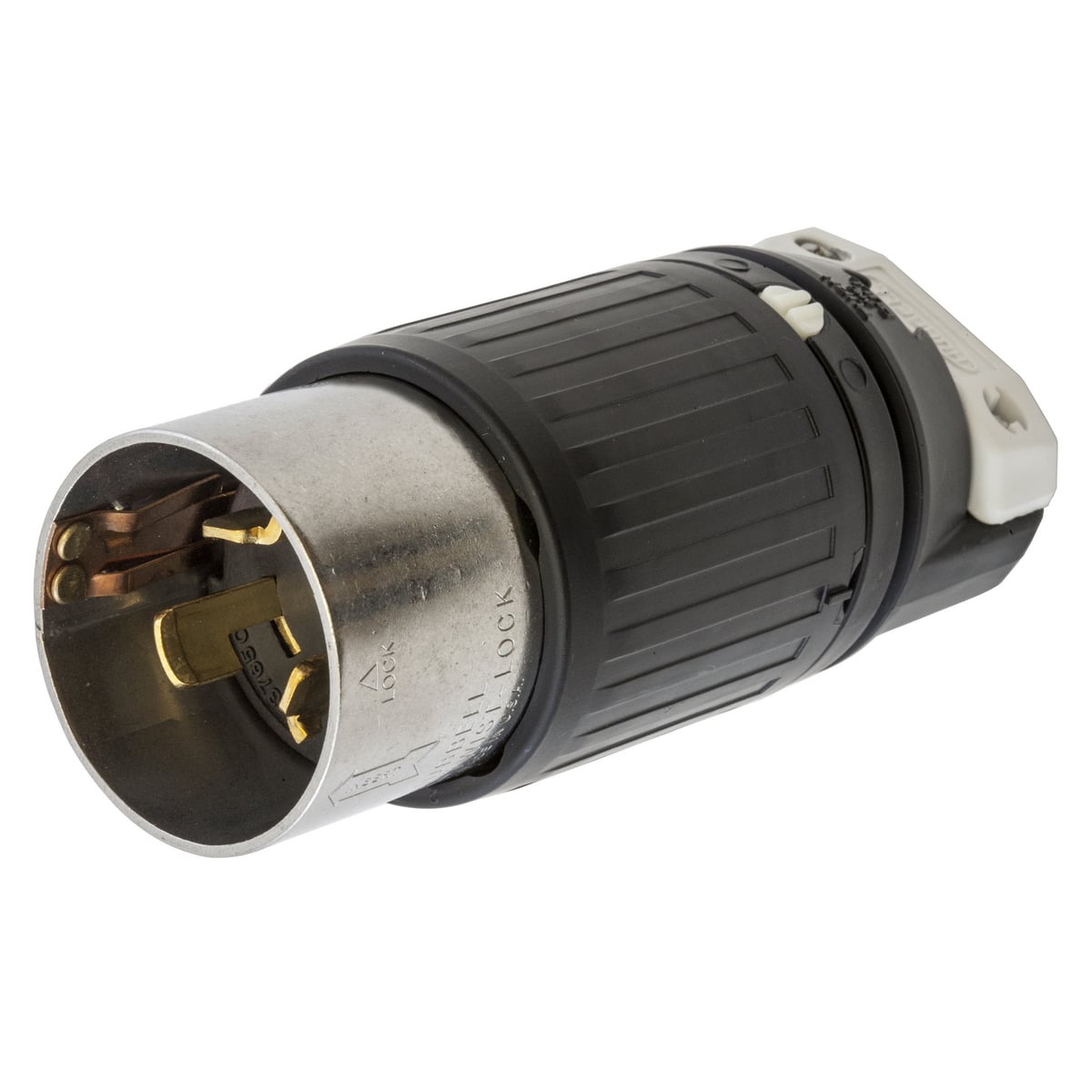 HBL3765C 1-Phase Grounding Male Non-NEMA Standard Cord Mount Locking Plug, 600 V AC/250 V DC, 50 A, 3 Poles, 4 Wires, Black/White