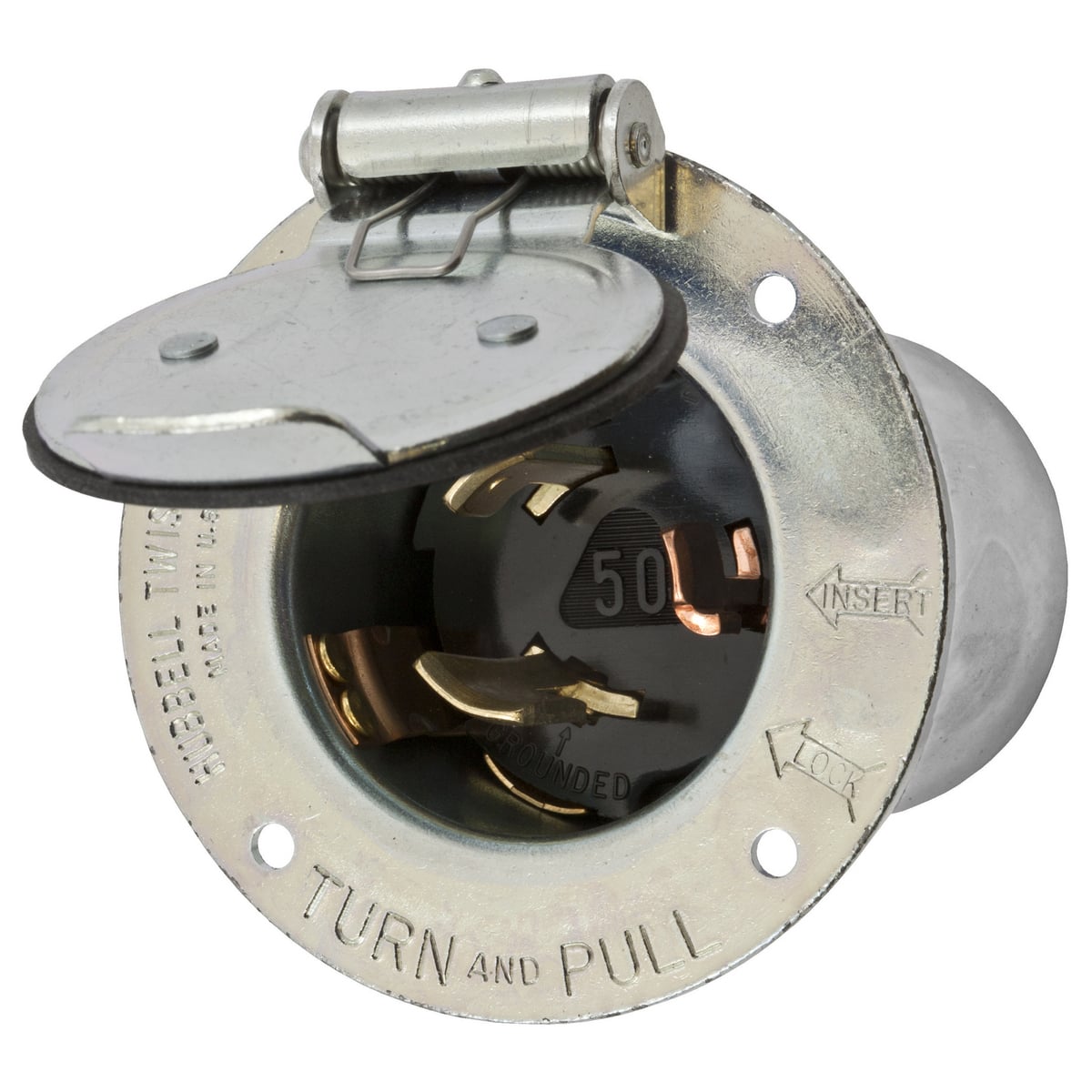 HBL3767 3-Phase Extra Heavy Duty Grounding Standard Screw Mount Locking Flanged Inlet, 600 V AC/250 V DC, 50 A, 2 Poles, 3 Wires, Metallic