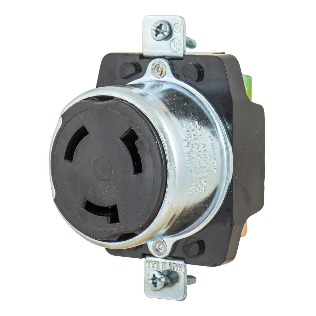 HBL3769 Multi-Phase Heavy Duty Grounding Standard Single Screw Mount Locking Receptacle, 50 A, 3 Poles, 4 Wires, Black
