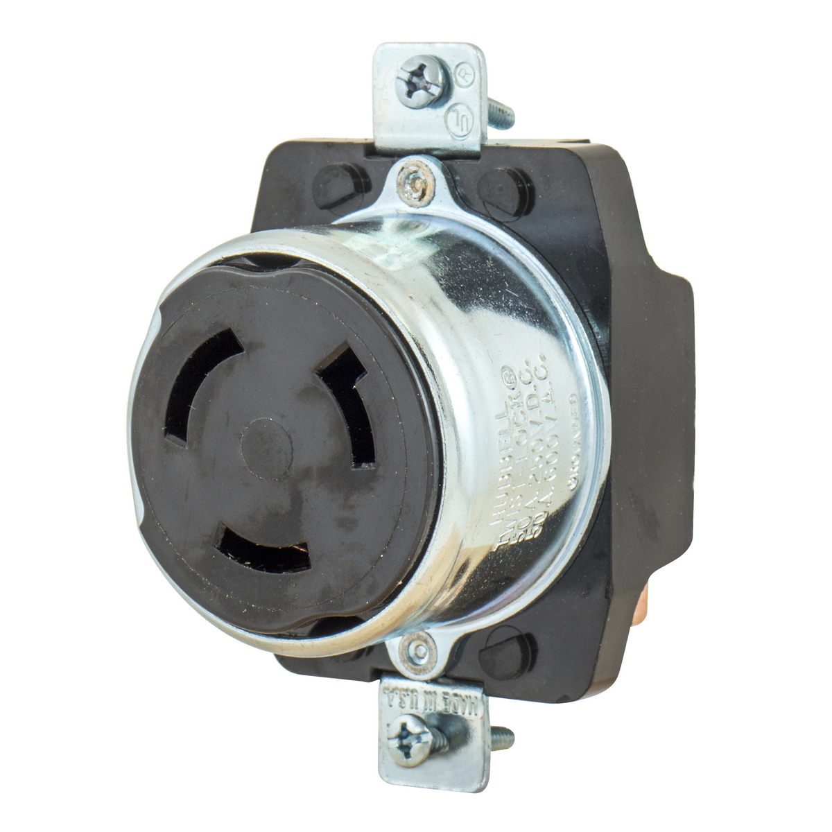 HBL3771 Multi-Phase Heavy Duty Grounding Standard Single Screw Mount Locking Receptacle, 600 V AC/250 V DC, 50 A, 2 Poles, 3 Wires, Black