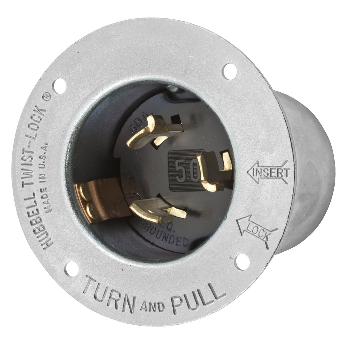 HBL3775 3-Phase Extra Heavy Duty Grounding Standard Screw Mount Locking Flanged Inlet, 600 V AC/250 V DC, 50 A, 3 Poles, 4 Wires, Metallic