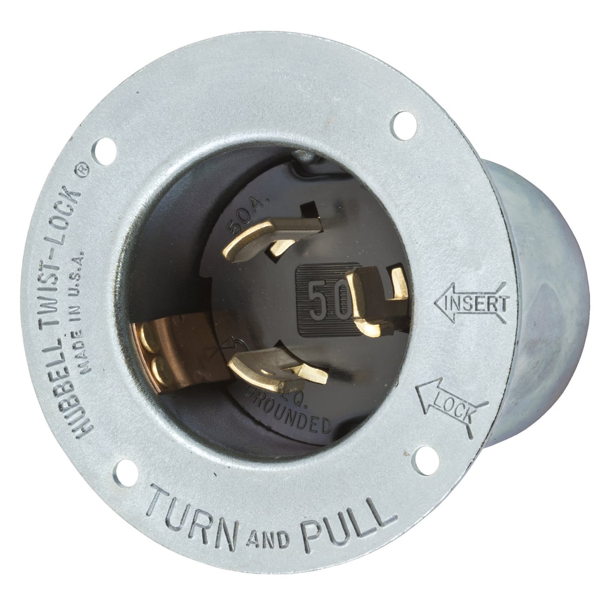 HBL3777 3-Phase Grounding Standard Screw Mount Locking Flanged Inlet, 600 V AC/250 V DC, 50 A, 2 Poles, 3 Wires, Metallic