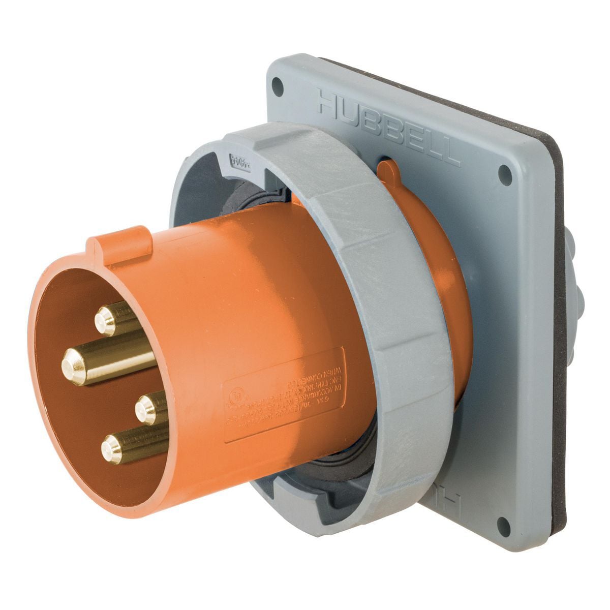 HBL4100B12W 1-Phase Male Single Flanged Standard Watertight Screw Mount Pin and Sleeve Inlet, 125/250 V AC, 100 A, 3 Poles, 4 Wires, Orange