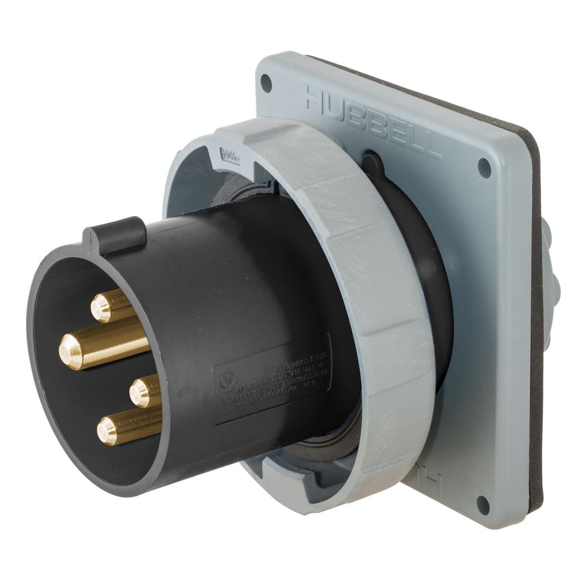 HBL4100B5W 3-Phase Flanged Male Single Standard Watertight Pin and Sleeve Inlet, 600 V AC, 100 A, 3 Poles, 4 Wires, Black