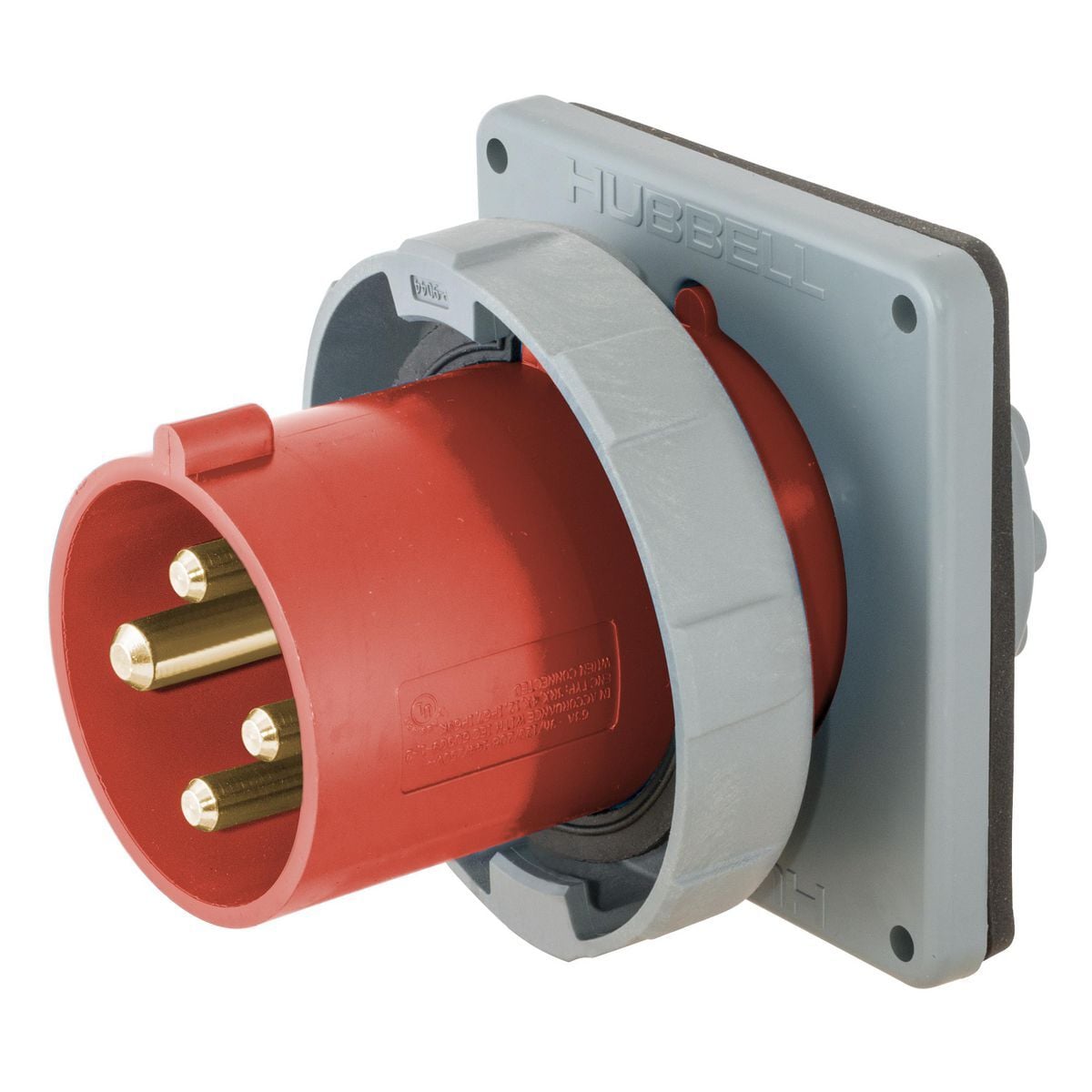 HBL4100B7W 3-Phase Flanged Male Single Standard Watertight Screw Mount Pin and Sleeve Inlet, 480 V AC, 100 A, 3 Poles, 4 Wires, Red