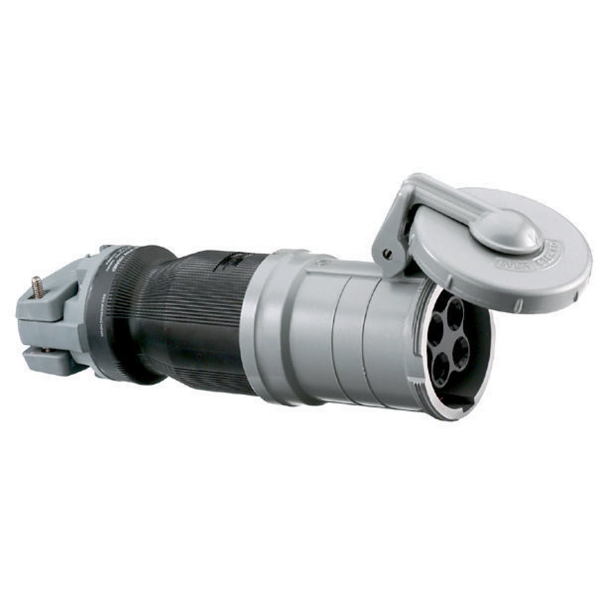 HBL4100CS2W 3-Phase Female Heavy Duty Standard Watertight Cord Mount Pin and Sleeve Connector, 600 V AC/250 V DC, 100 A, 3 Poles, 4 Wires, Black/Gray