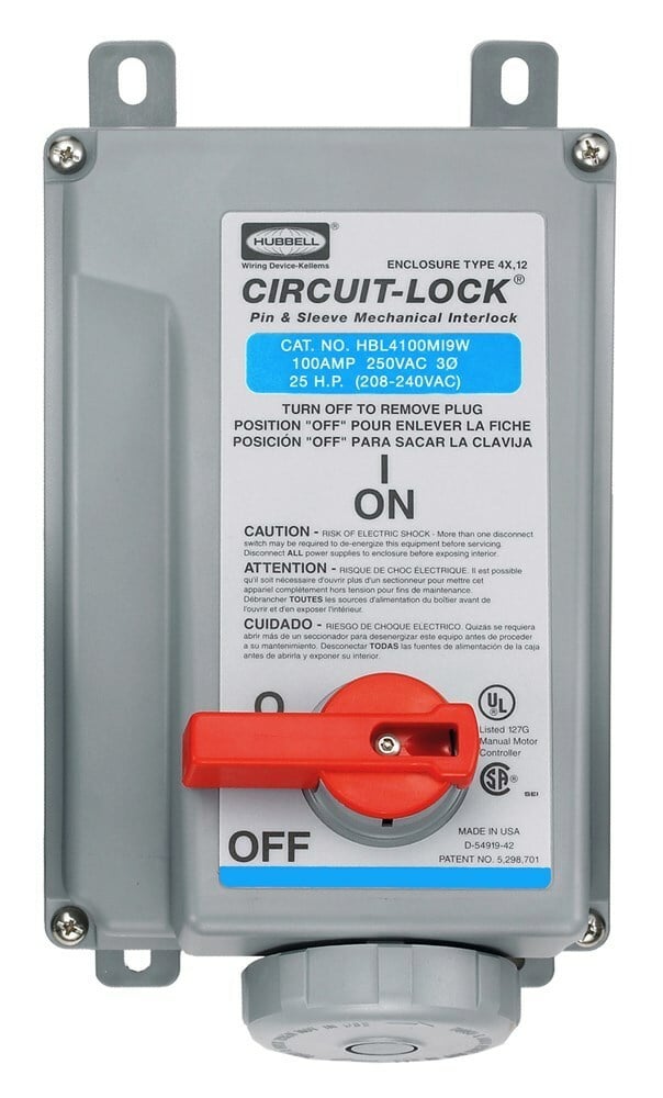 HBL4100MI9W 3-Phase Female Grounding Non-NEMA Single Standard UnFusible Watertight Pressure Screw Terminal Pin and Sleeve Mechanical Interlock, 240 V AC, 100 A, 3 Poles, 4 Wires