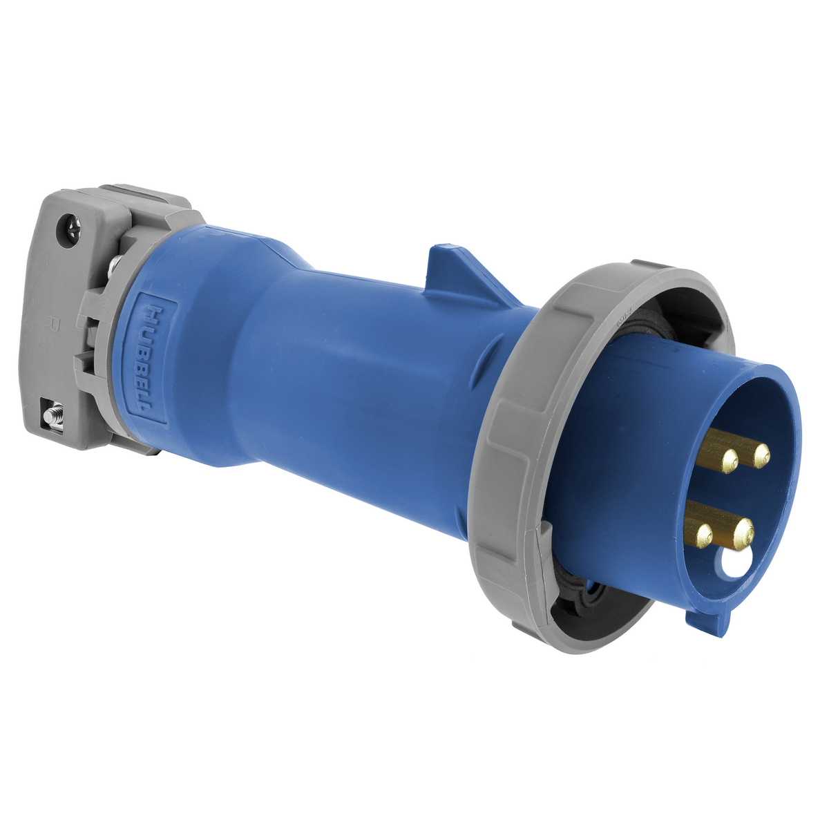 HBL4100P9W 3-Phase Grounding Male Non-NEMA Portable Standard Watertight Cord Mount Pin and Sleeve Plug, 250 V AC, 100 A, 3 Poles, 4 Wires, Blue