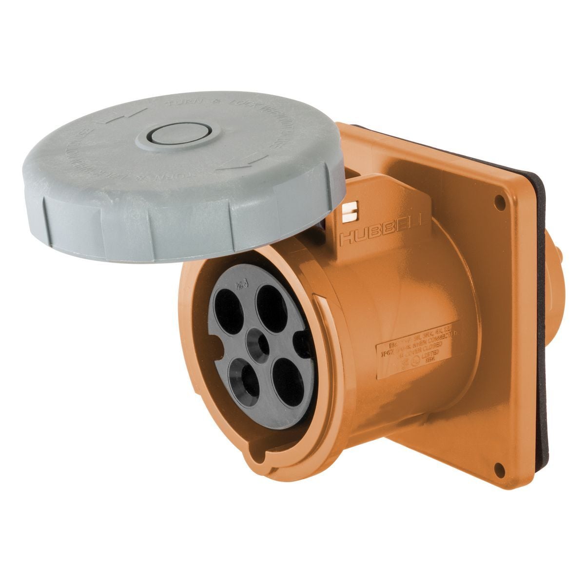 HBL4100R12W 1-Phase Flanged Grounding Non-NEMA Single Standard Watertight Screw Mount Pin and Sleeve Receptacle, 125/250 V AC, 100 A, 3 Poles, 4 Wires, Orange