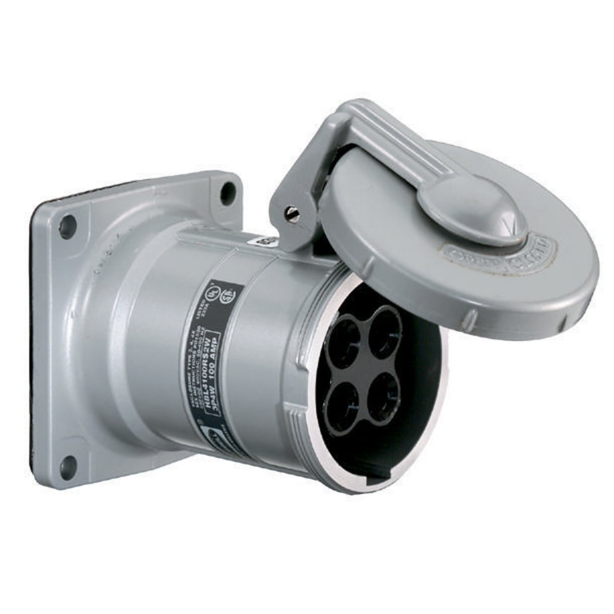 HBL4100RS1W 1 Series 1/3-Phase Flanged Grounding Non-NEMA Style 1 Single Standard Watertight Screw Mount Pin and Sleeve Receptacle, 600 V AC, 100 A, 3 Poles, 4 Wires, Black/Gray