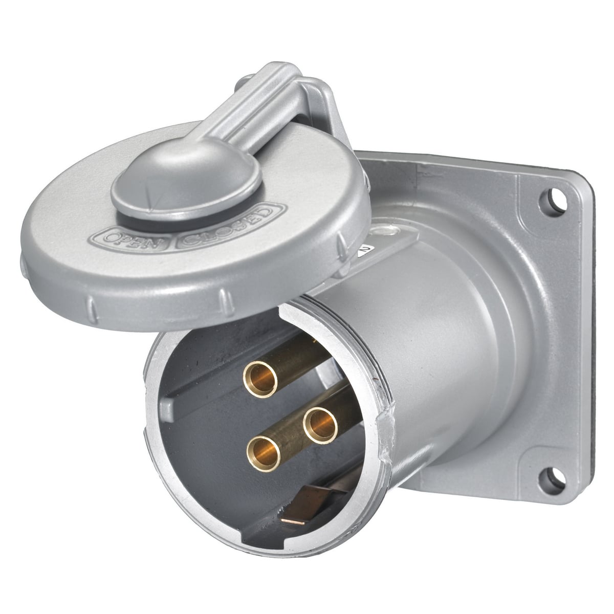 HBL4100RS1WR 1/3-Phase Flanged Grounding Non-NEMA Reversed Style 1 Single Standard Watertight Screw Mount Pin and Sleeve Receptacle, 600 V AC, 100 A, 3 Poles, 4 Wires, Black/Gray