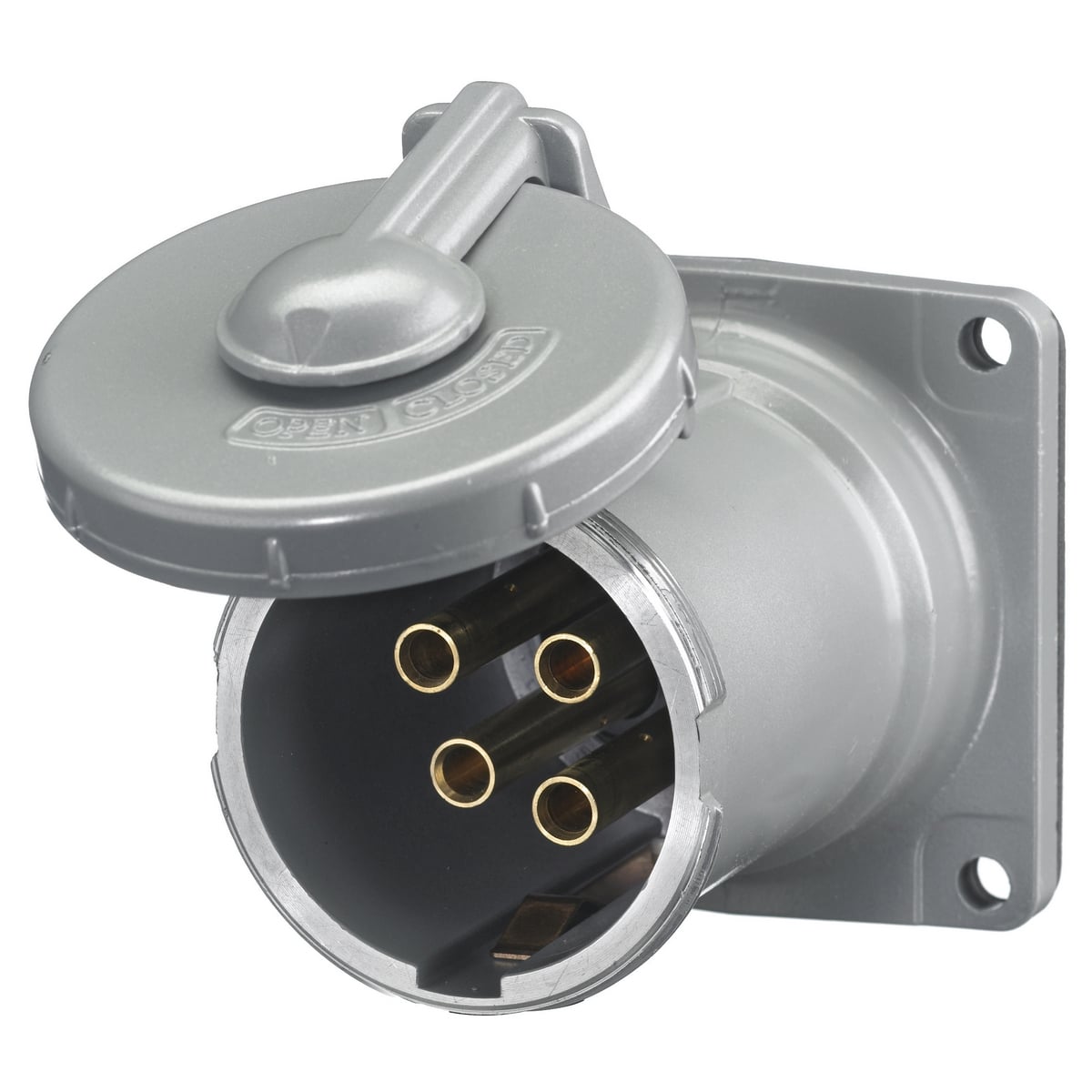 HBL4100RS2WR 1/3-Phase Flanged Grounding Non-NEMA Single Reversed Standard Watertight Screw Mount Pin and Sleeve Receptacle, 600 V AC, 100 A, 3 Poles, 4 Wires, Black/Gray