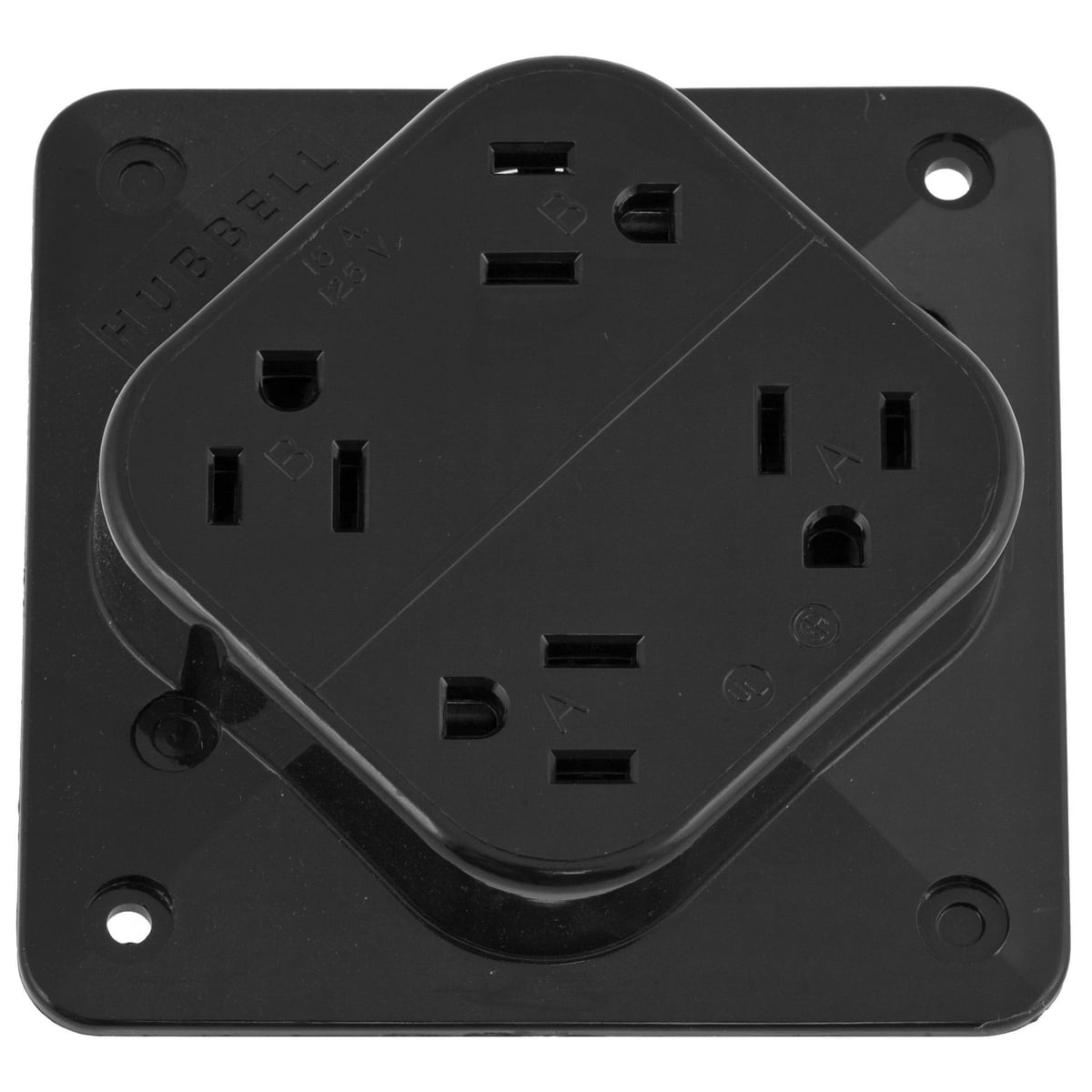 HBL415BK 1-Phase 4-in-1 Grounding Standard Screw Mount Straight Blade Receptacle, 125 V AC, 15 A, 2 Poles, 3 Wires, Black
