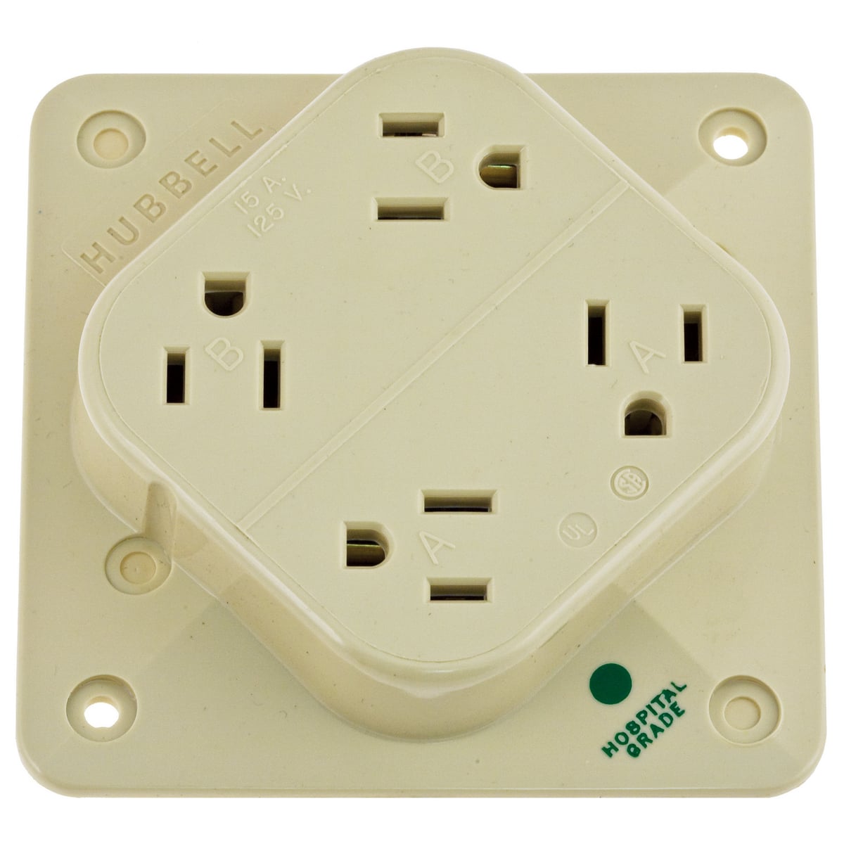HBL415HI 1-Phase 4-in-1 Grounding Standard Screw Mount Straight Blade Receptacle, 125 V AC, 15 A, 2 Poles, 3 Wires, Ivory